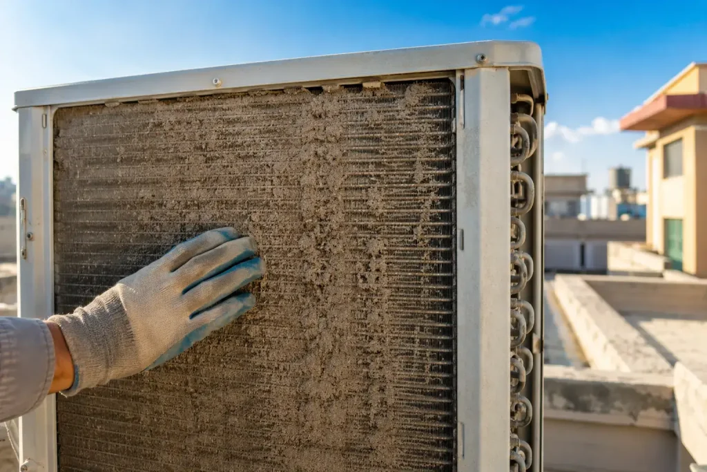 Dusty outdoor unit showing common AC repair Rawalpindi causes