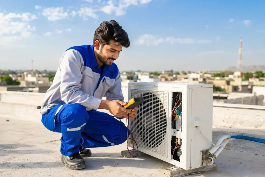 AC repair Rawalpindi technician inspecting outdoor unit on rooftop