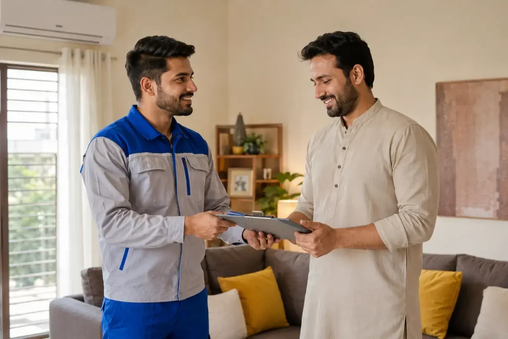 Technician explaining AC repair Rawalpindi pricing to a homeowner