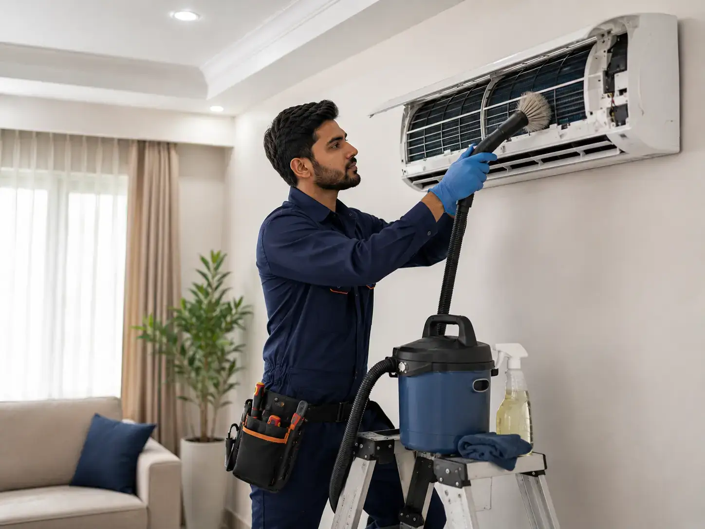 Technician cleaning a split AC indoor unit