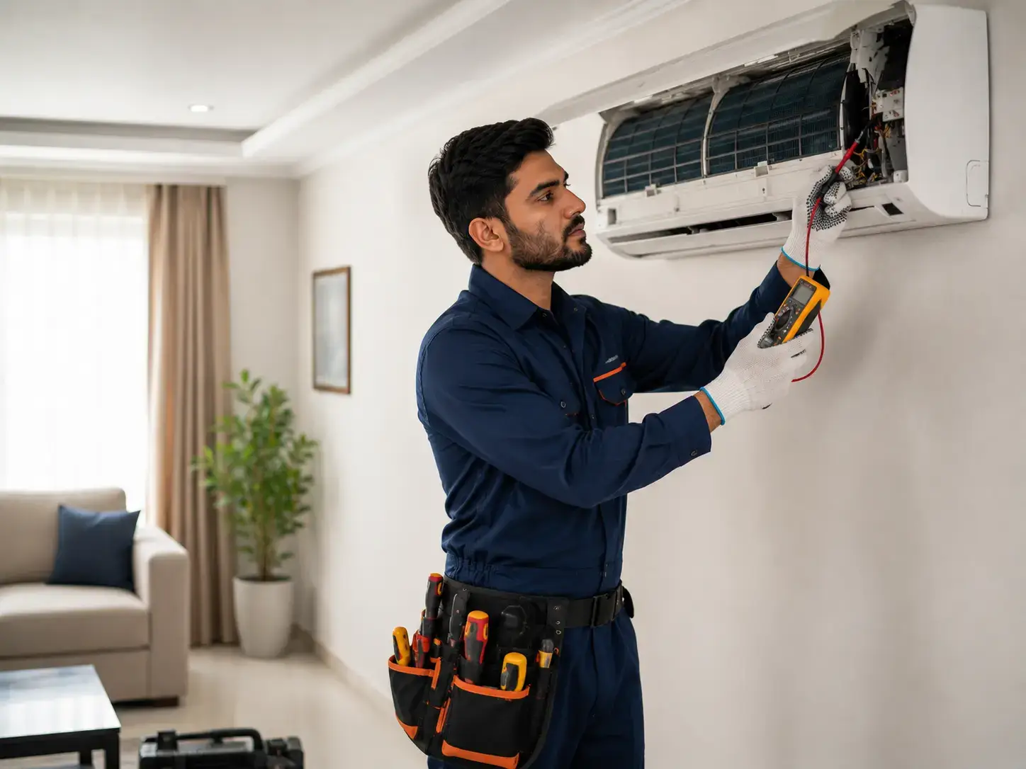 HVAC technician repairing a split AC in Rawalpindi
