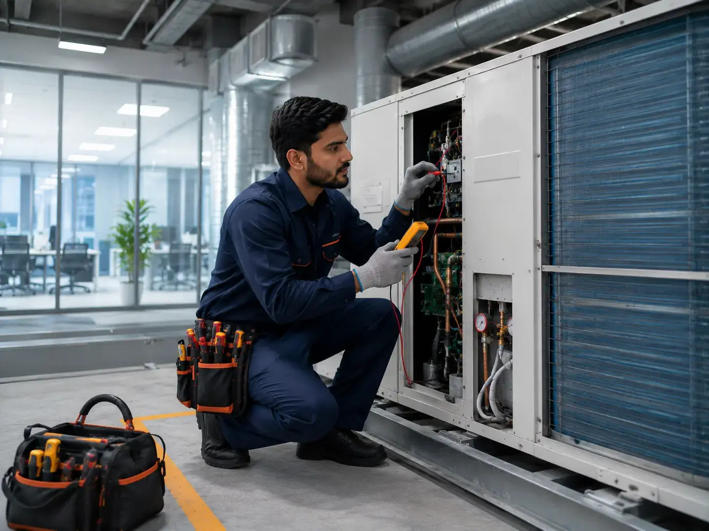 Technician providing commercial HVAC maintenance