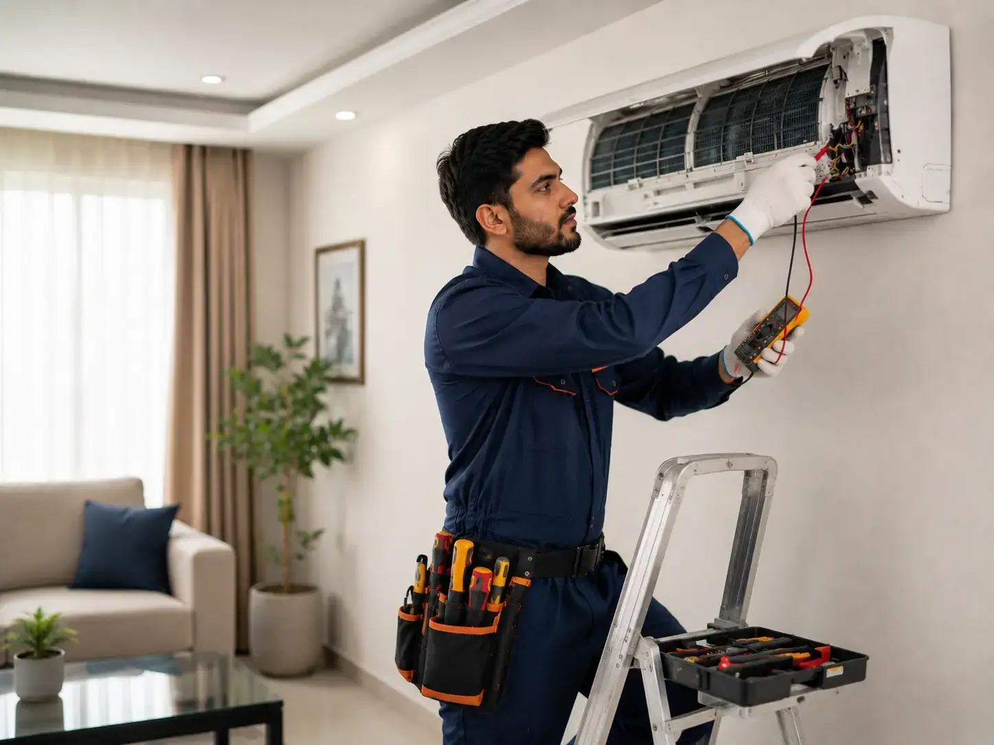 HVAC technician inspecting an AC problem