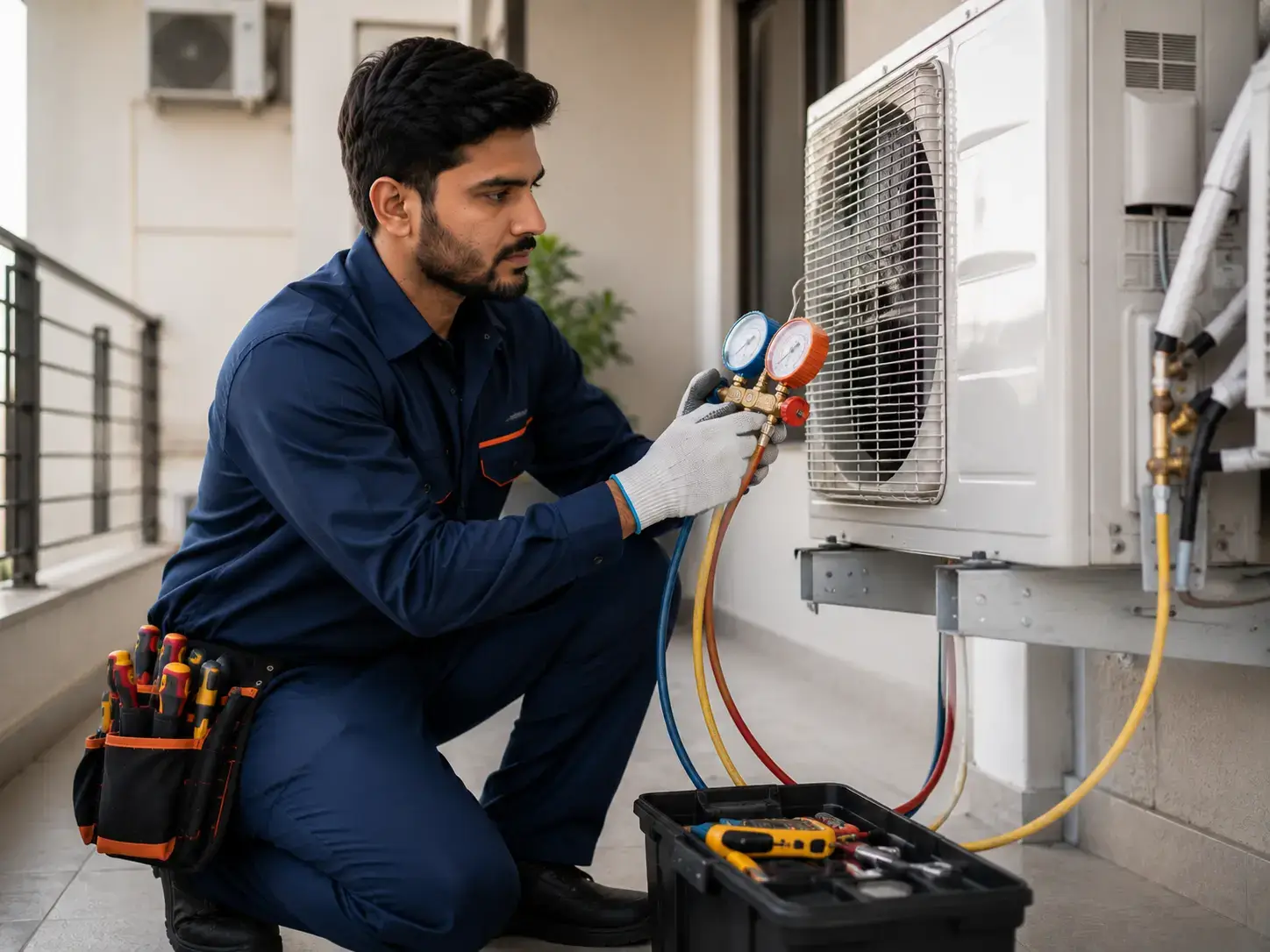 HVAC technician performing preventive maintenance